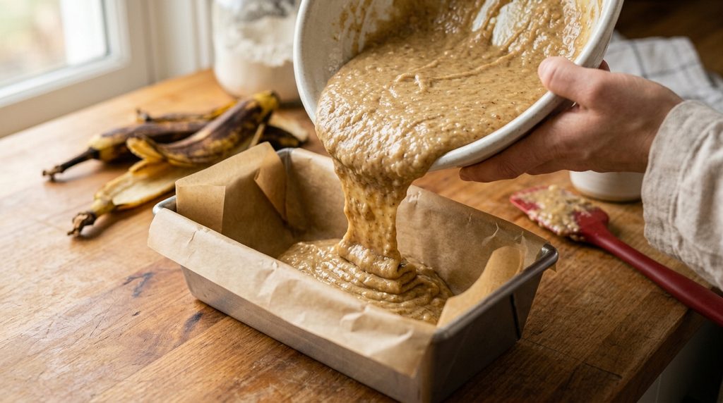 Pouring banana bread batter into a loaf pan