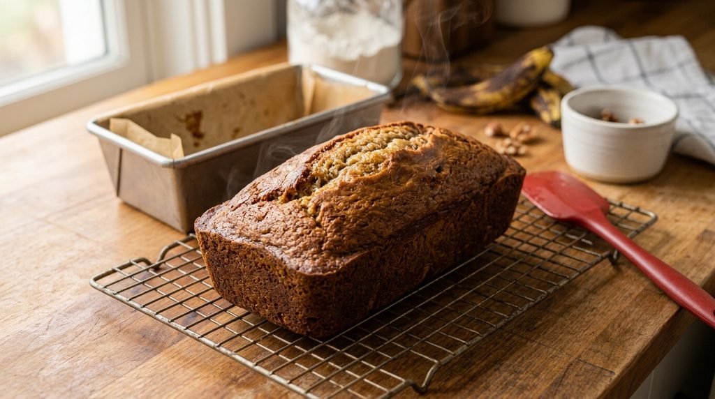 Freshly baked moist banana bread with a golden crust