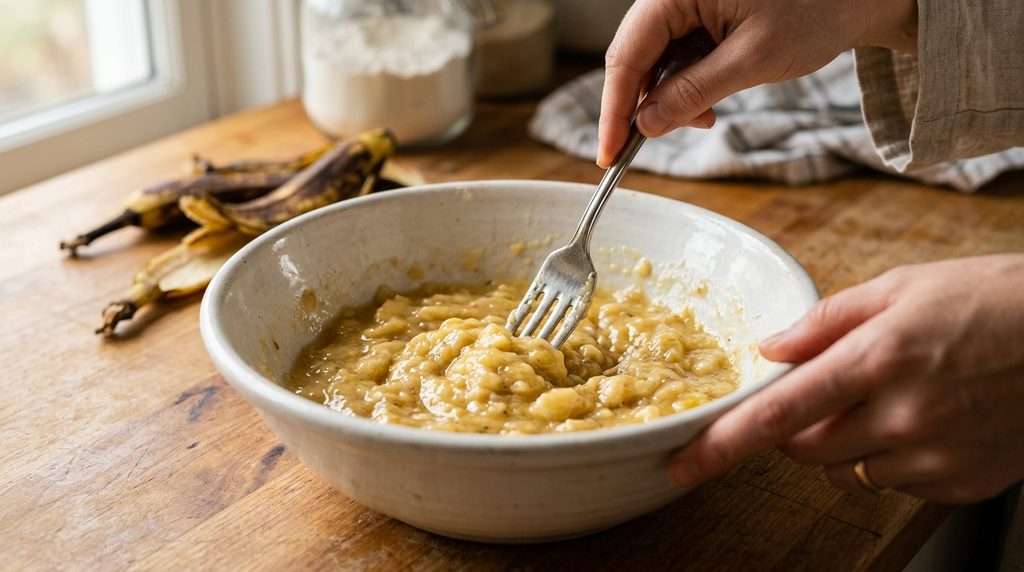 Mashing overripe bananas for homemade banana bread