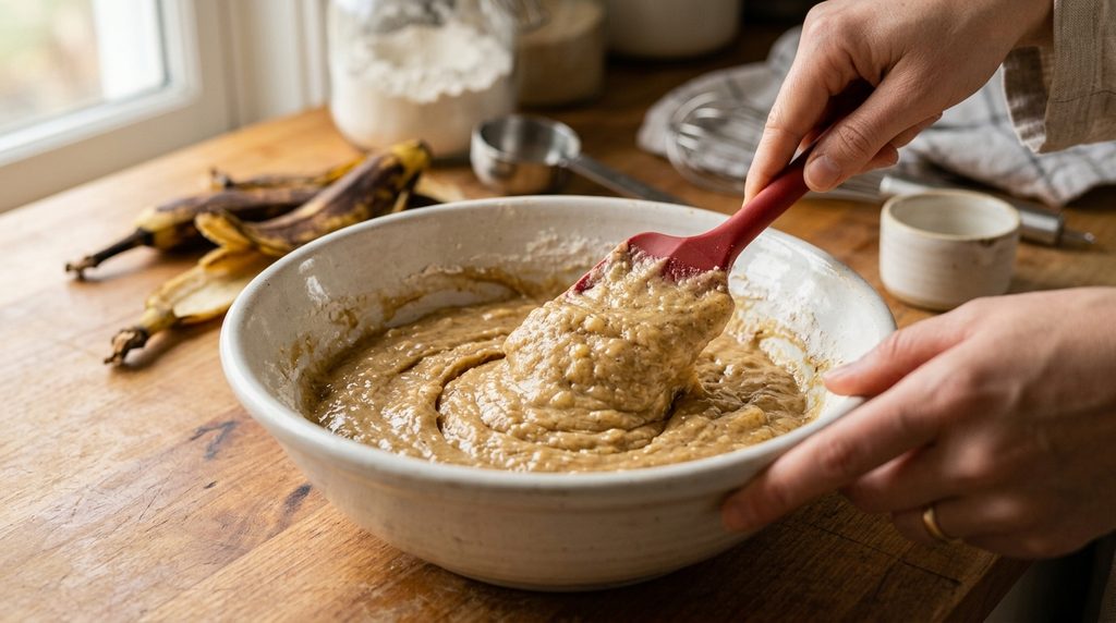 Mixing wet and dry ingredients for banana bread batter