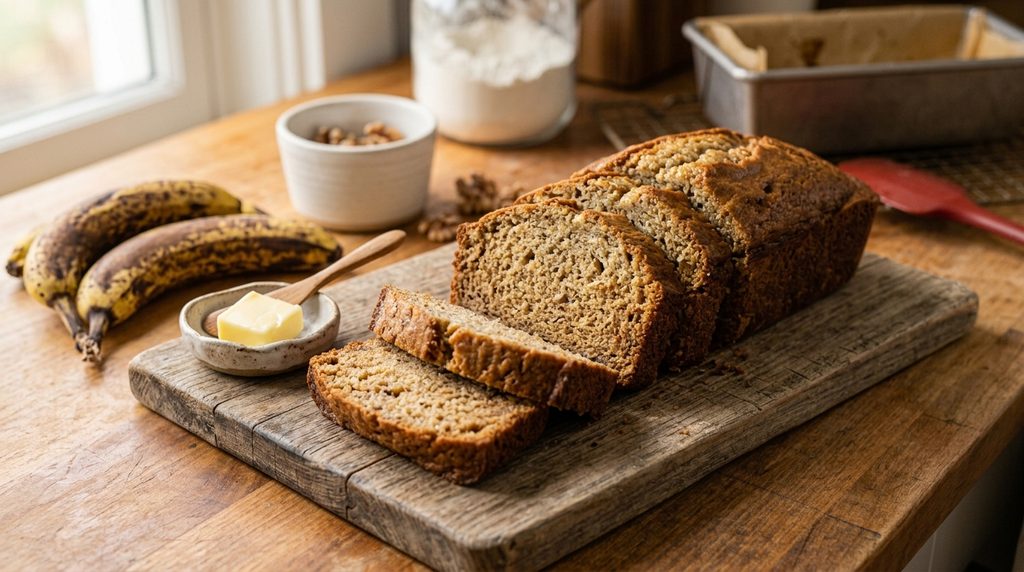 Sliced moist banana bread served on a wooden board