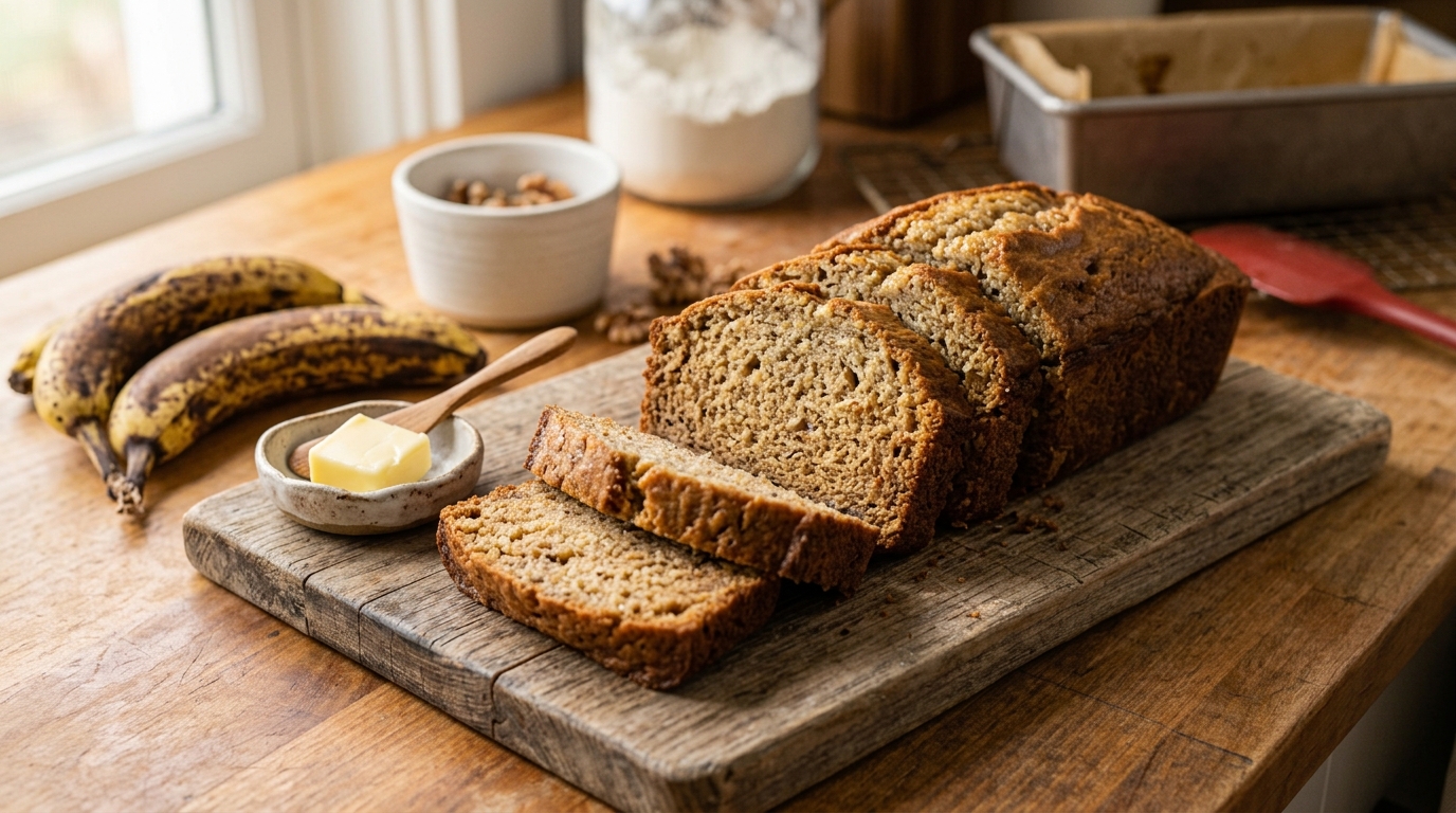Sliced moist banana bread served on a wooden board
